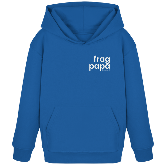 Royalblauer Kinder Hoodie frag papa von JoisPulse, flach liegend fotografiert