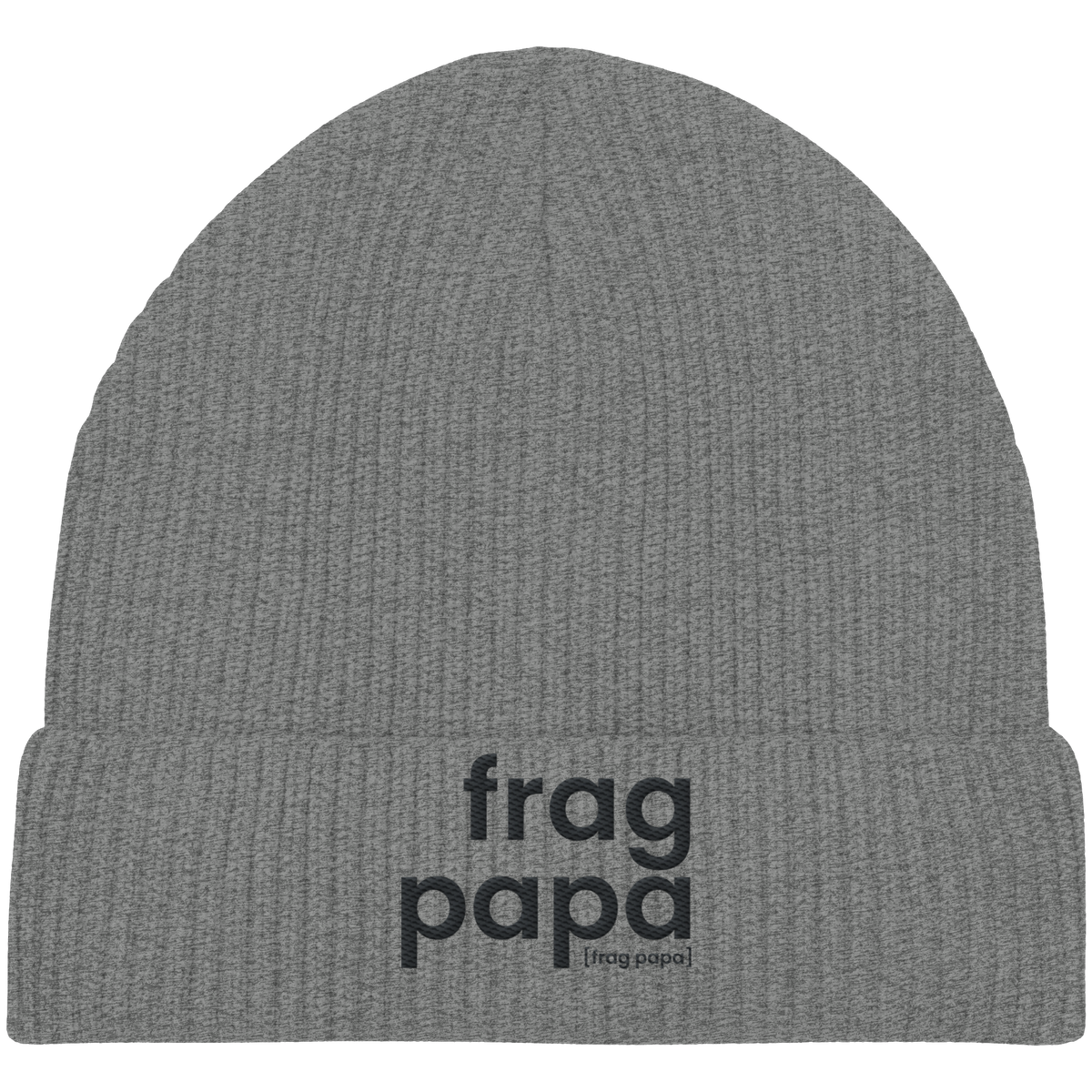 Grau melierte Fisherman Beanie frag papa von JoisPulse mit gesticktem Statement