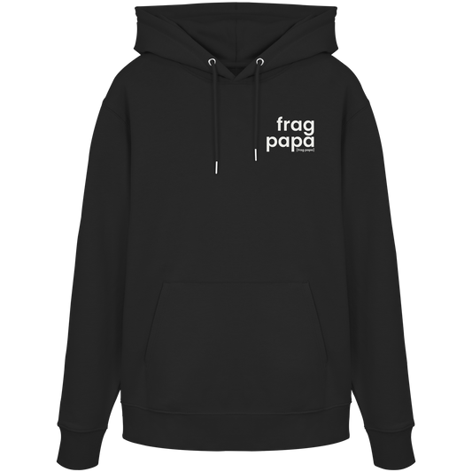 Schwarzer Bio Hoodie frag papa von JoisPulse mit gesticktem Statement, flach liegend