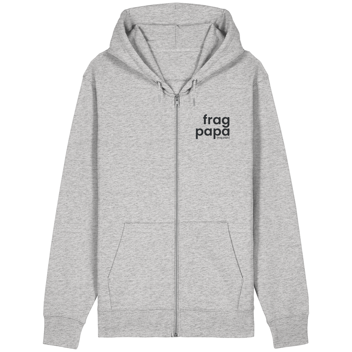 Grau melierter Bio Zip-Hoodie frag papa von JoisPulse, flach liegend fotografiert