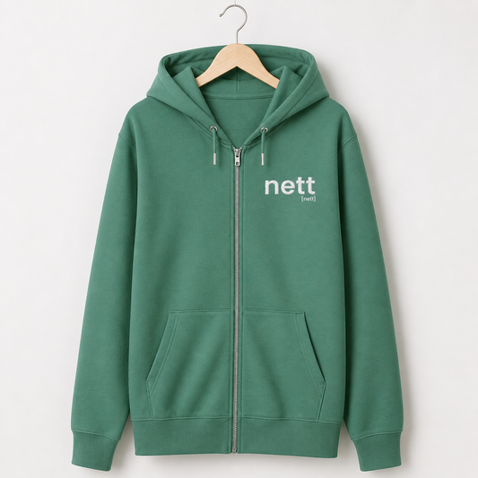 Grüner Bio Zip-Hoodie nett von JoisPulse, flach liegend fotografiert