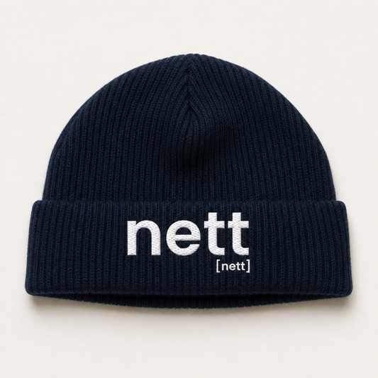 Dunkelblaue Fisherman Beanie nett von JoisPulse mit gesticktem Statement