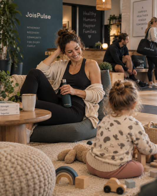 Mutter mit Getränk in der Lounge, Kind spielt daneben, im Hintergrund der Kursbereich
