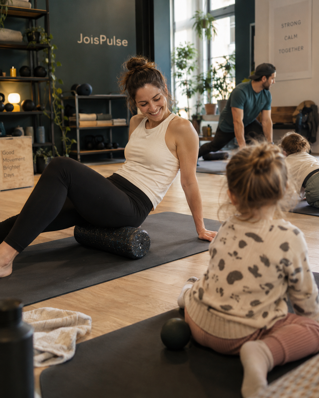 Frau auf der Matte beim Faszientraining, Kind sitzt daneben und schaut zu