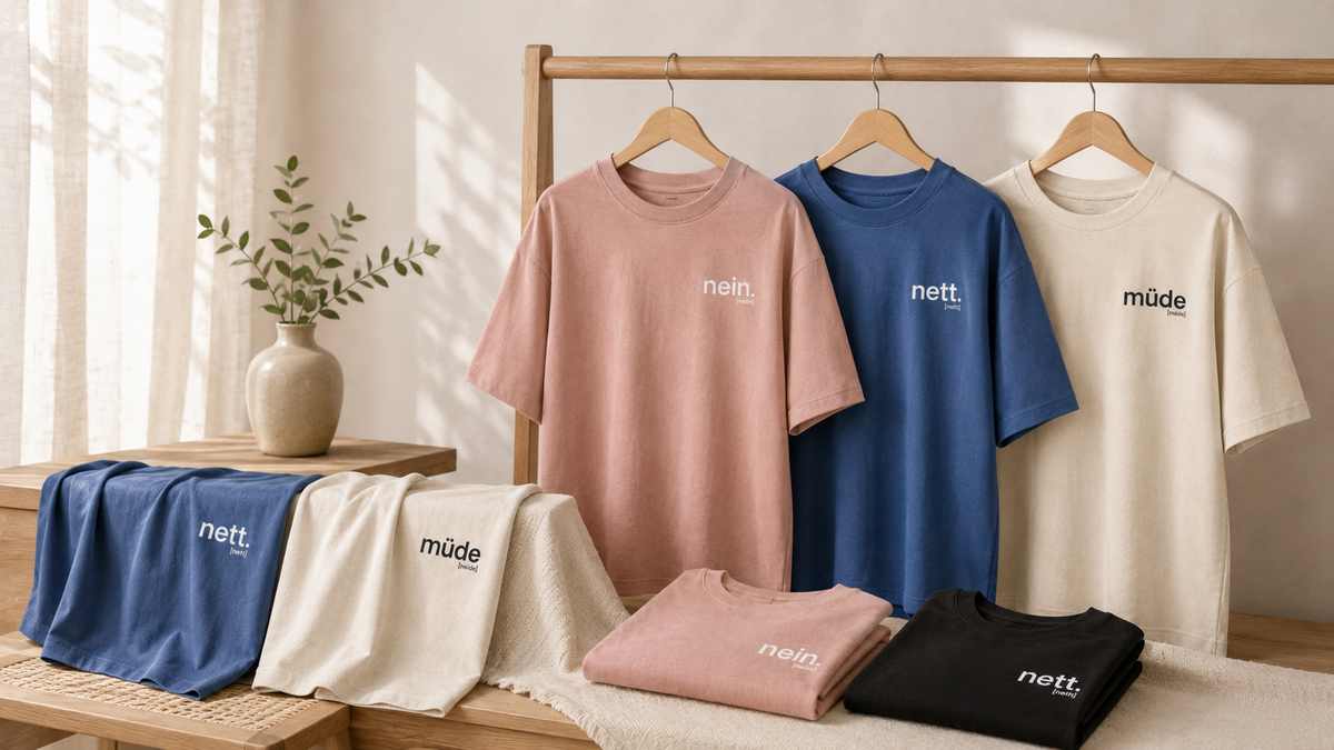 Ein Paar im Gespräch, beide in Statement-T-Shirts mit den Aufschriften nett. und müde.