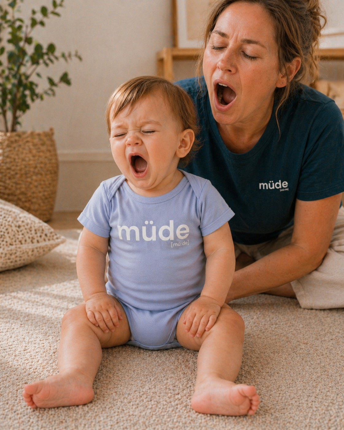 Mutter mit Baby auf einem Teppich, das Baby trägt den JoisPulse Body mit dem Statement müde