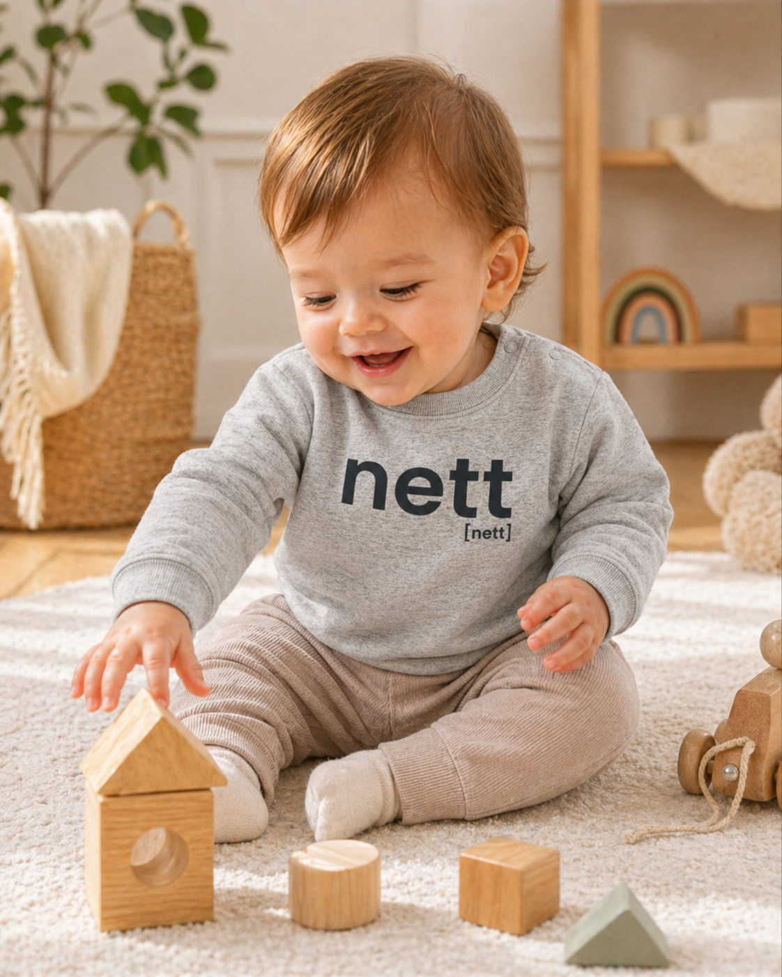 Baby mit Spielzeug im JoisPulse Baby Sweatshirt mit dem Statement nett