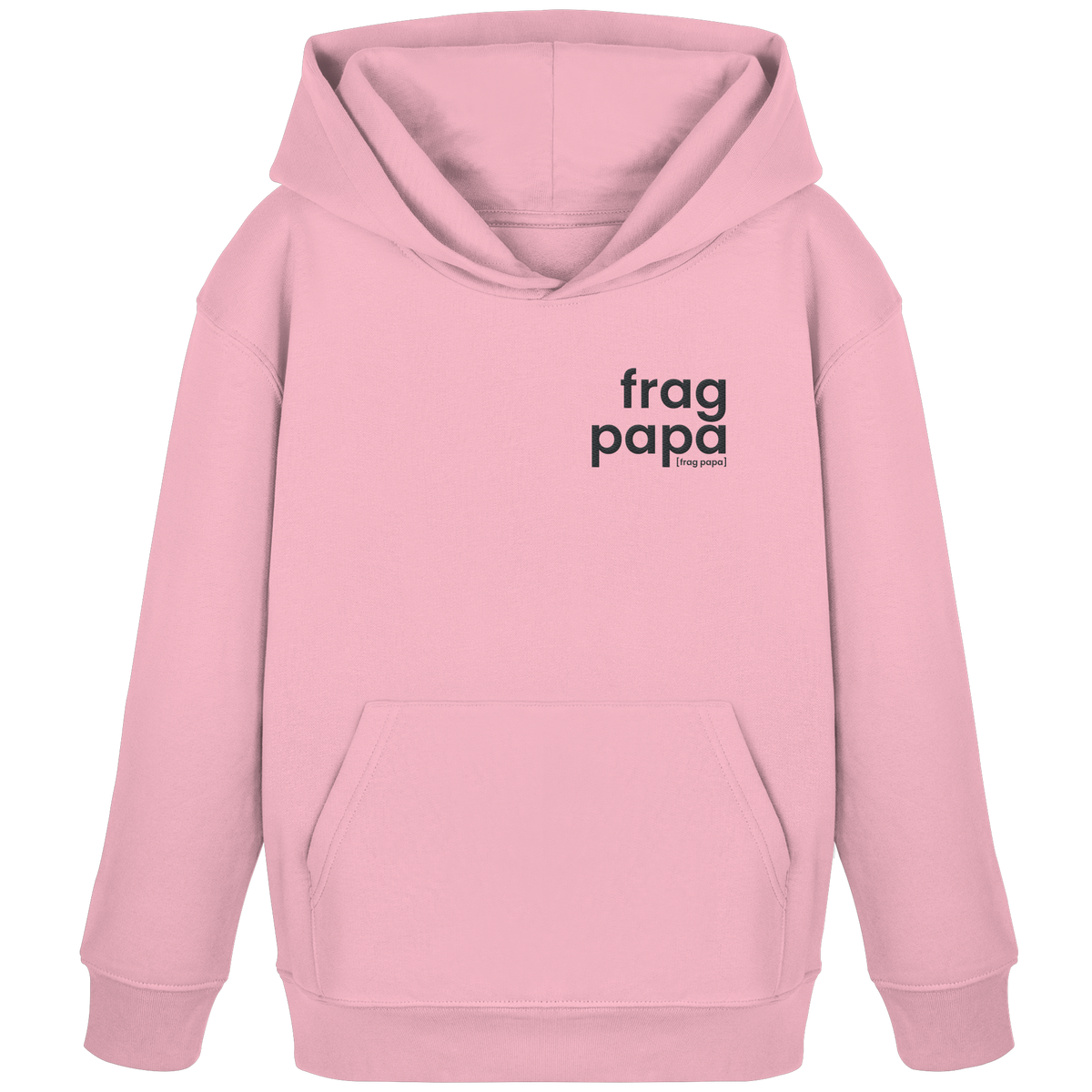 Rosafarbener Kinder Hoodie frag papa von JoisPulse, flach liegend fotografiert