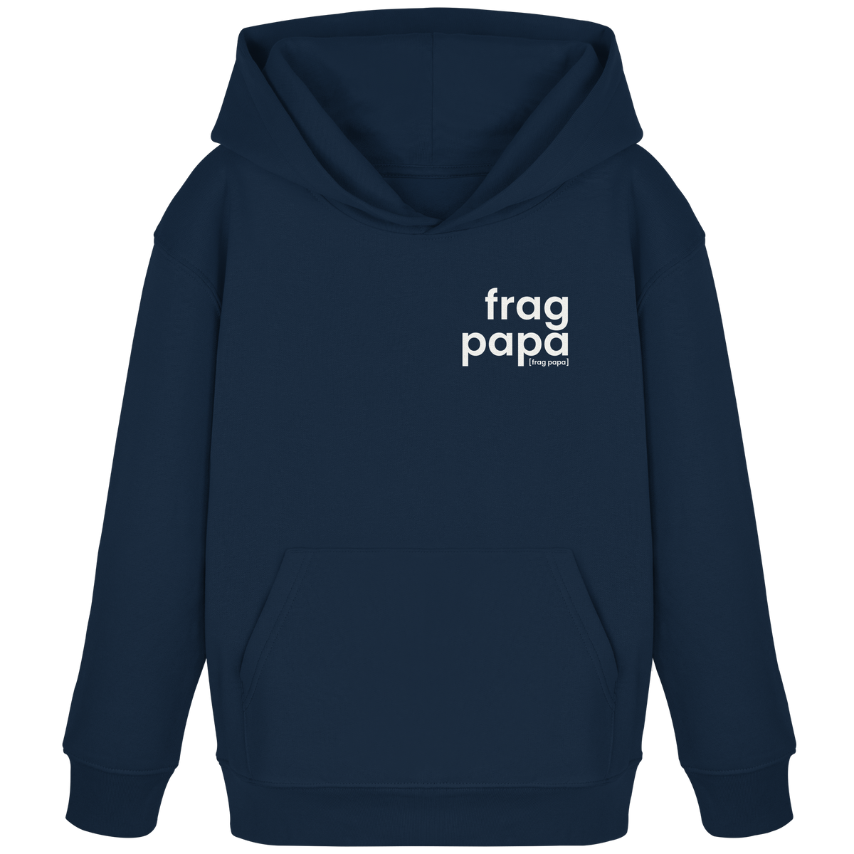 Dunkelblauer Kinder Hoodie frag papa von JoisPulse, flach liegend fotografiert