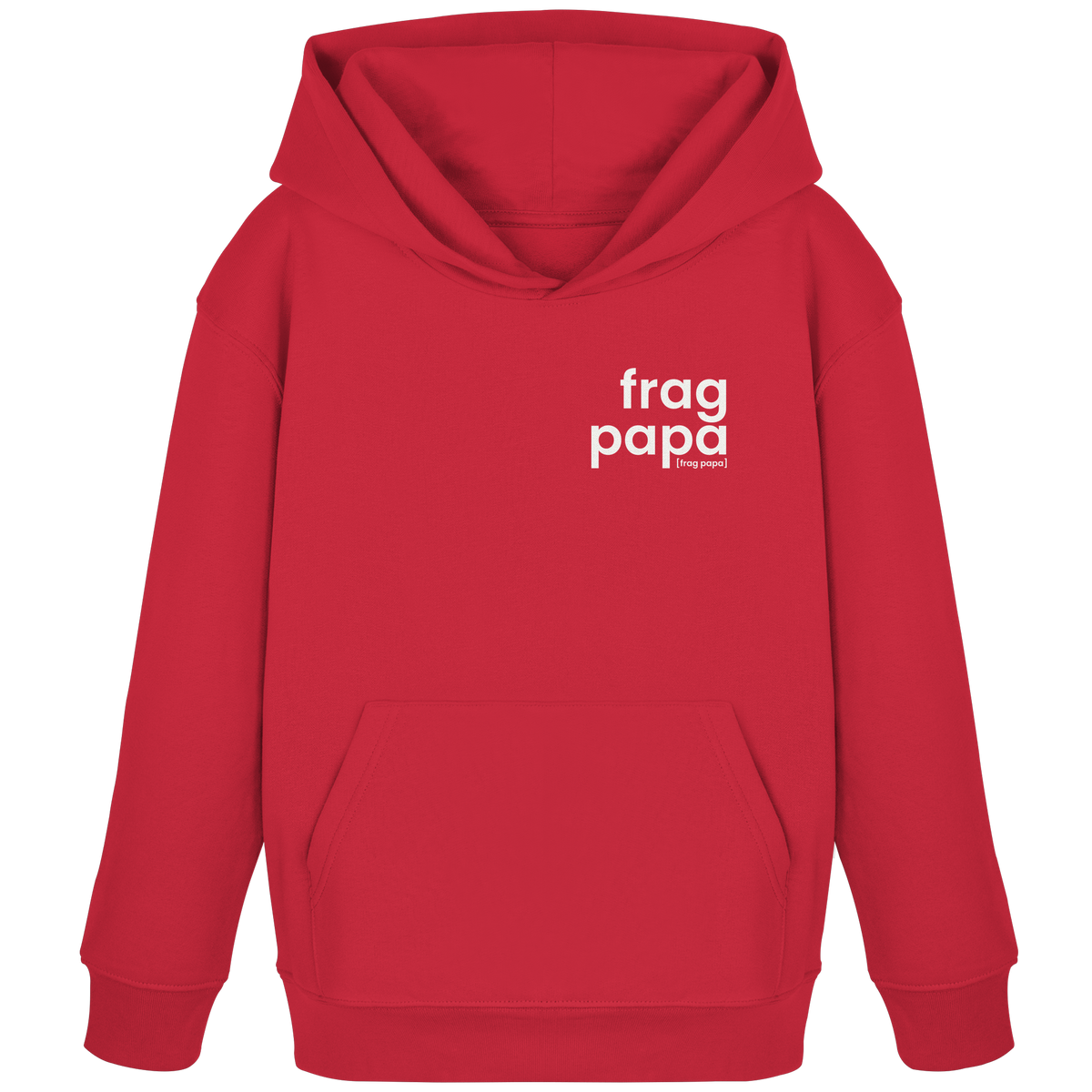 Roter Kinder Hoodie frag papa von JoisPulse, flach liegend fotografiert