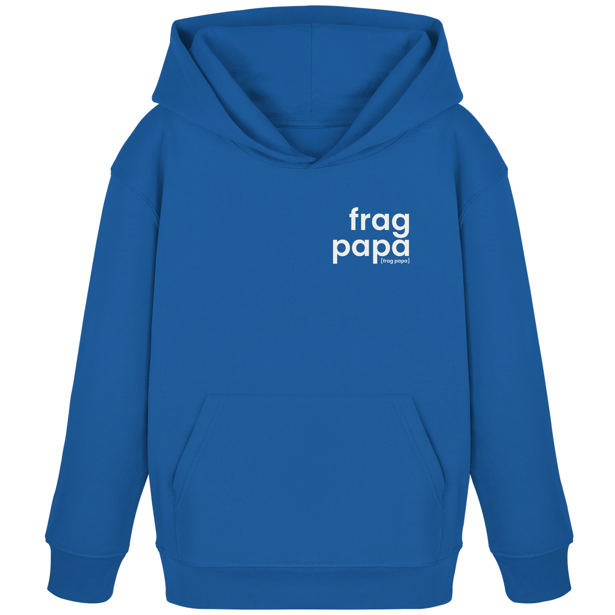 Royalblauer Kinder Hoodie frag papa von JoisPulse, flach liegend fotografiert