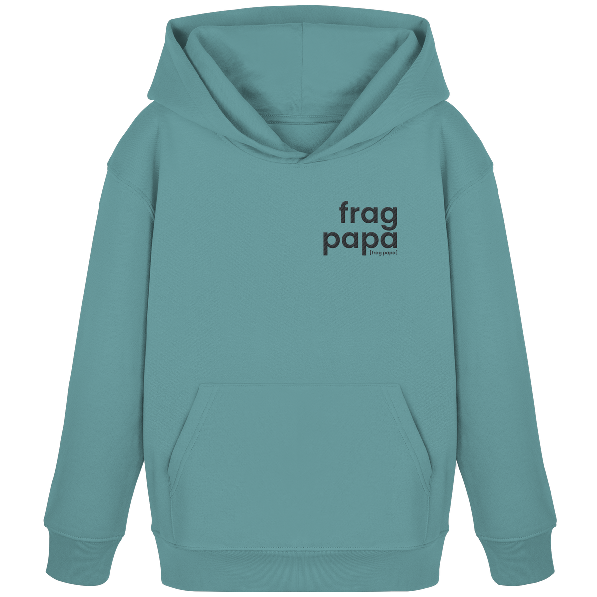 Petrolgrüner Kinder Hoodie frag papa von JoisPulse in Teal Monstera, flach liegend fotografiert