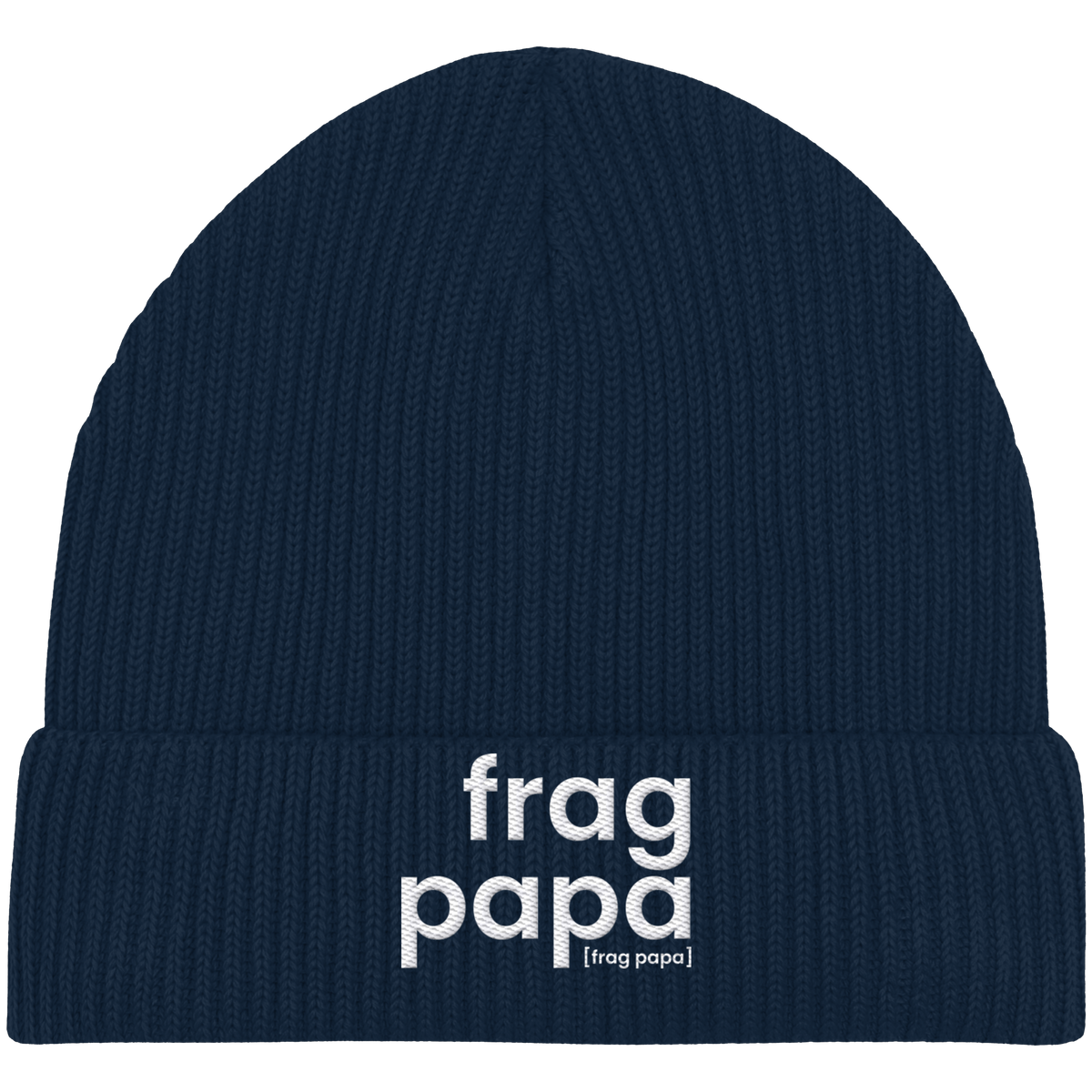 Dunkelblaue Fisherman Beanie frag papa von JoisPulse mit gesticktem Statement