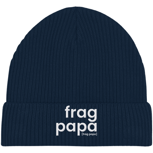 Dunkelblaue Fisherman Beanie frag papa von JoisPulse mit gesticktem Statement