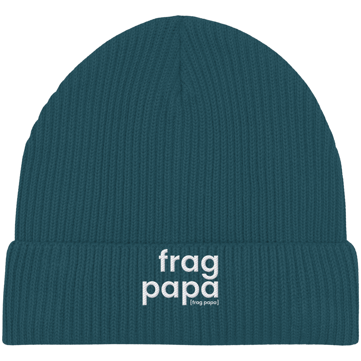 Fisherman Beanie frag papa von JoisPulse in Stargazer-Blau mit gesticktem Statement