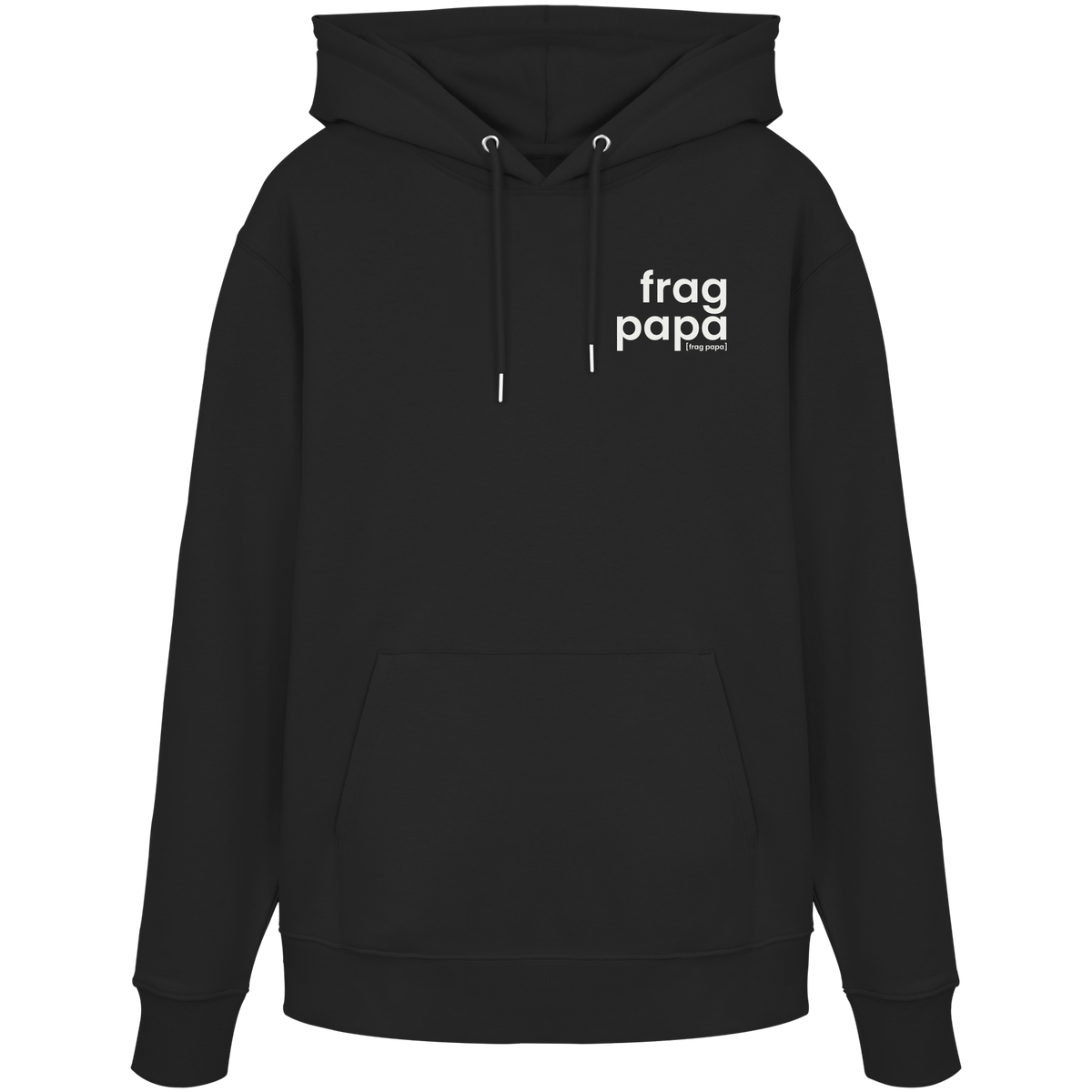 Schwarzer Bio Hoodie frag papa von JoisPulse mit gesticktem Statement, flach liegend