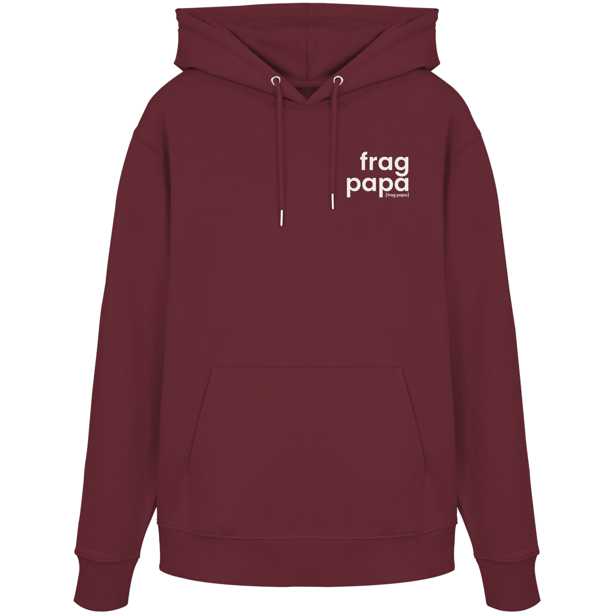 Bordeauxroter Bio Hoodie frag papa von JoisPulse mit gesticktem Statement, flach liegend
