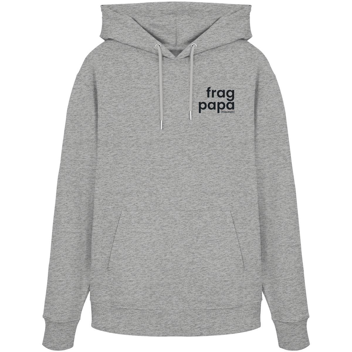 Grau melierter Bio Hoodie frag papa von JoisPulse mit gesticktem Statement, flach liegend