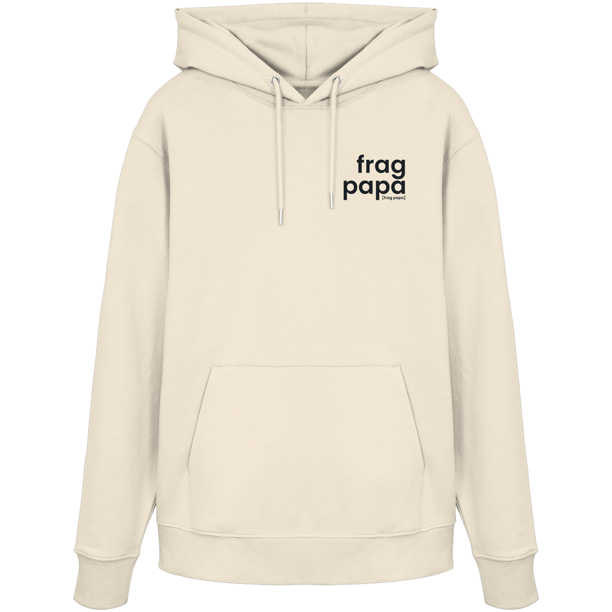 Naturfarbener Bio Hoodie frag papa von JoisPulse mit gesticktem Statement, flach liegend