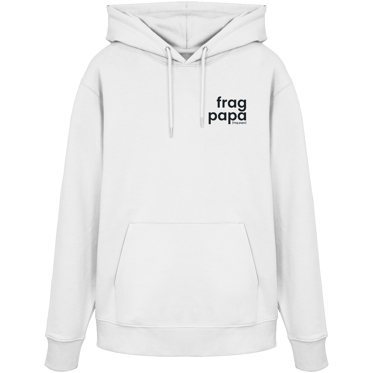 Weißer Bio Hoodie frag papa von JoisPulse mit gesticktem Statement, flach liegend