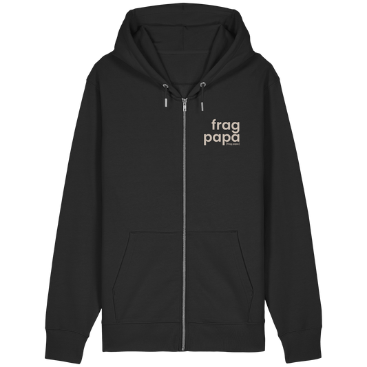 Schwarzer Bio Zip-Hoodie frag papa von JoisPulse, flach liegend fotografiert