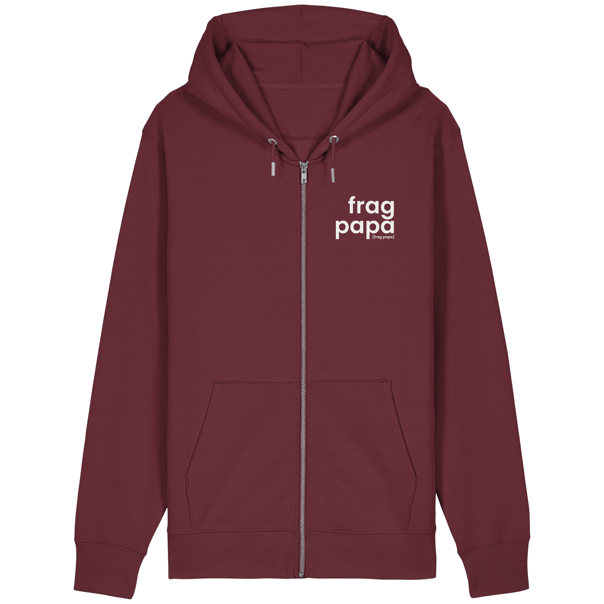 Bordeauxroter Bio Zip-Hoodie frag papa von JoisPulse, flach liegend fotografiert