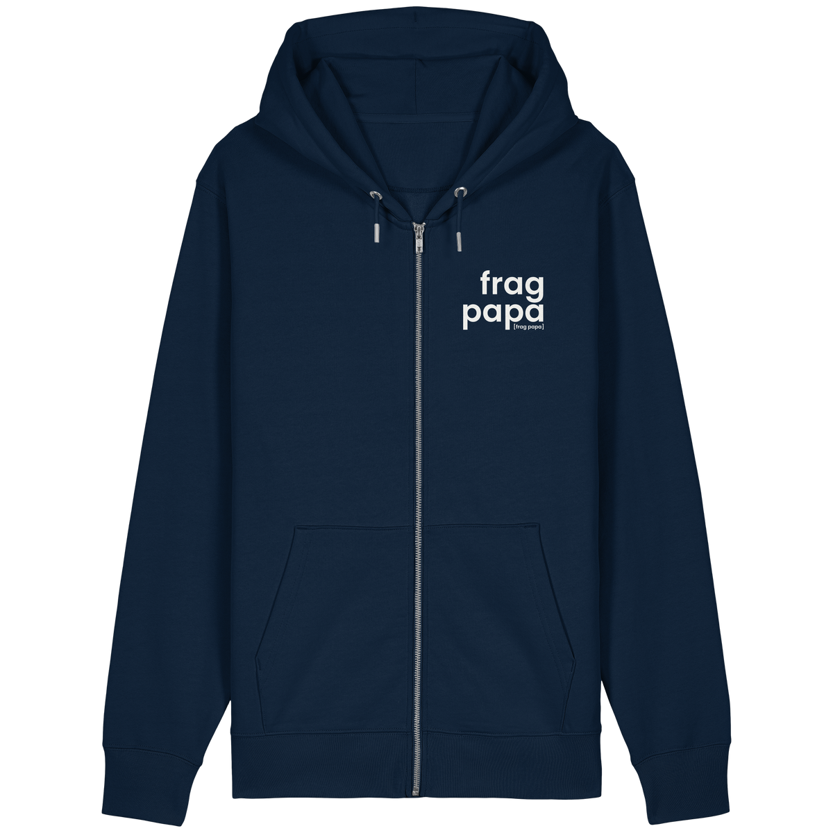Dunkelblauer Bio Zip-Hoodie frag papa von JoisPulse, flach liegend fotografiert