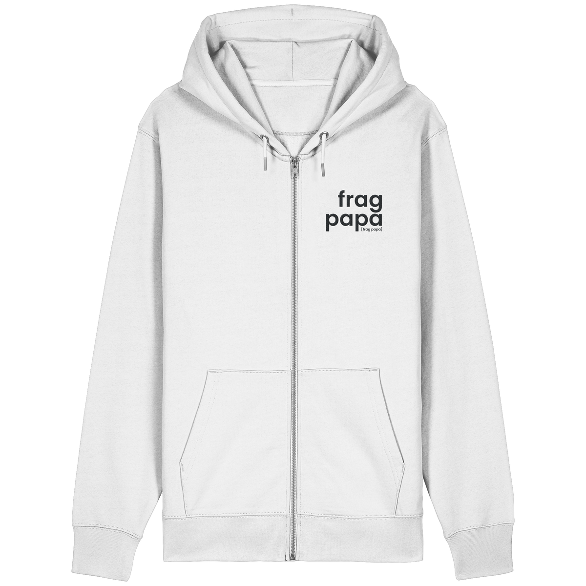 Weißer Bio Zip-Hoodie frag papa von JoisPulse, flach liegend fotografiert