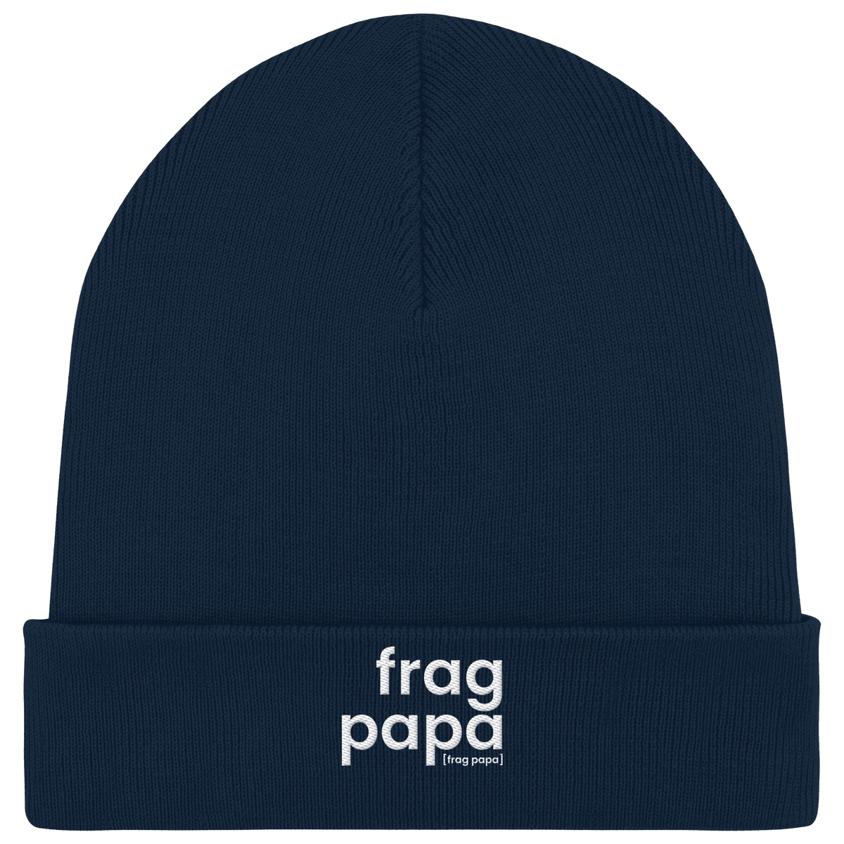 Dunkelblaue Rib Beanie frag papa von JoisPulse mit gesticktem Statement