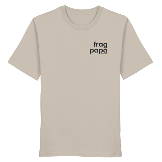 Beiges Bio T-Shirt frag papa von JoisPulse in Desert Dust, flach liegend fotografiert