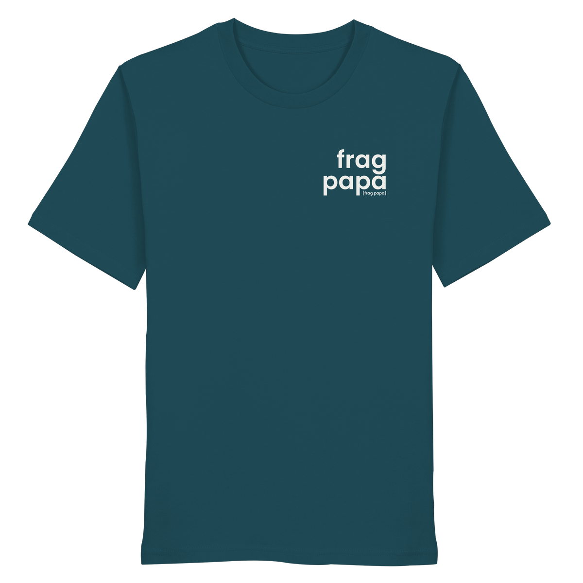 Bio T-Shirt frag papa von JoisPulse in Stargazer-Blau, flach liegend fotografiert