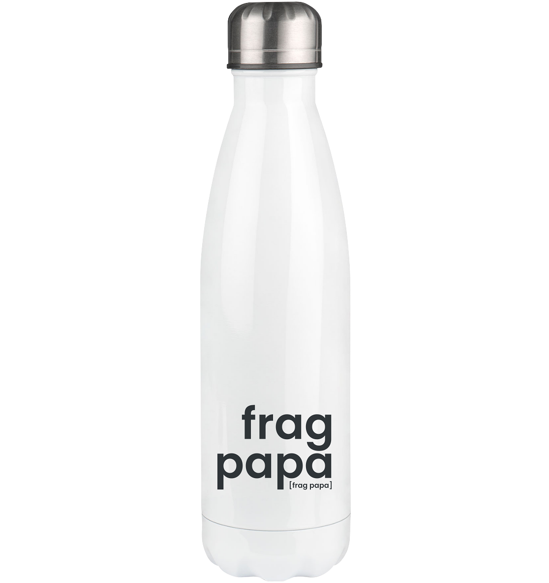 Weiße Edelstahl-Thermoflasche frag papa von JoisPulse, 500 ml, flach liegend fotografiert