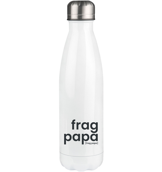 Weiße Edelstahl-Thermoflasche frag papa von JoisPulse, 500 ml, flach liegend fotografiert