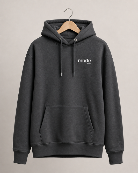 Grauer Bio Hoodie müde von JoisPulse mit gesticktem Statement, flach liegend