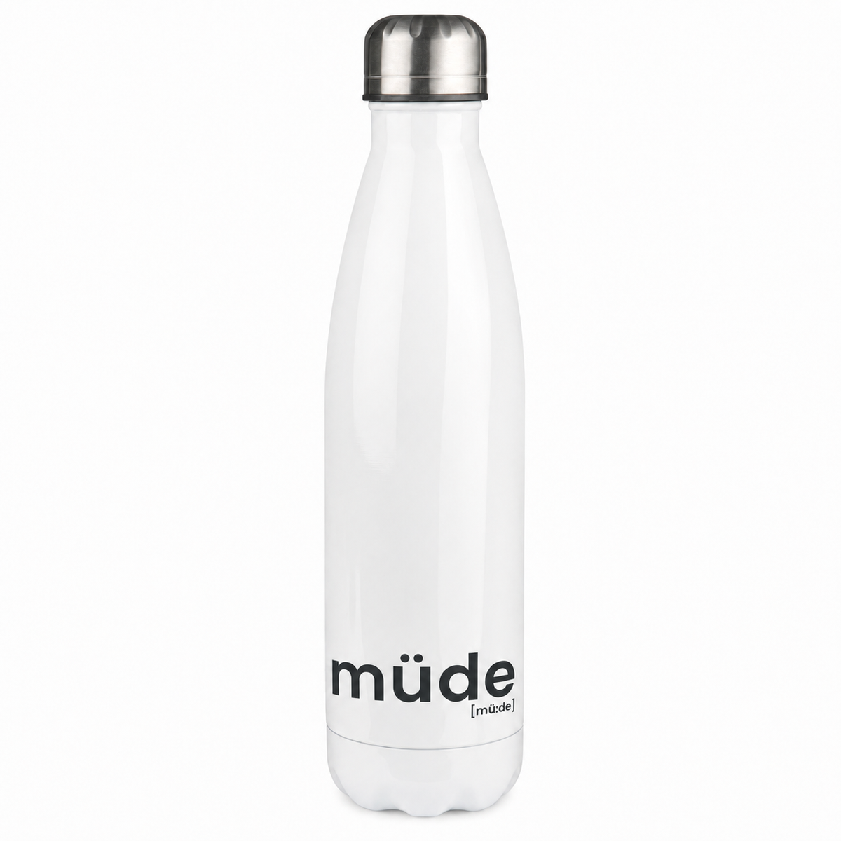 Weiße Edelstahl-Thermoflasche müde von JoisPulse, 500 ml, flach liegend fotografiert