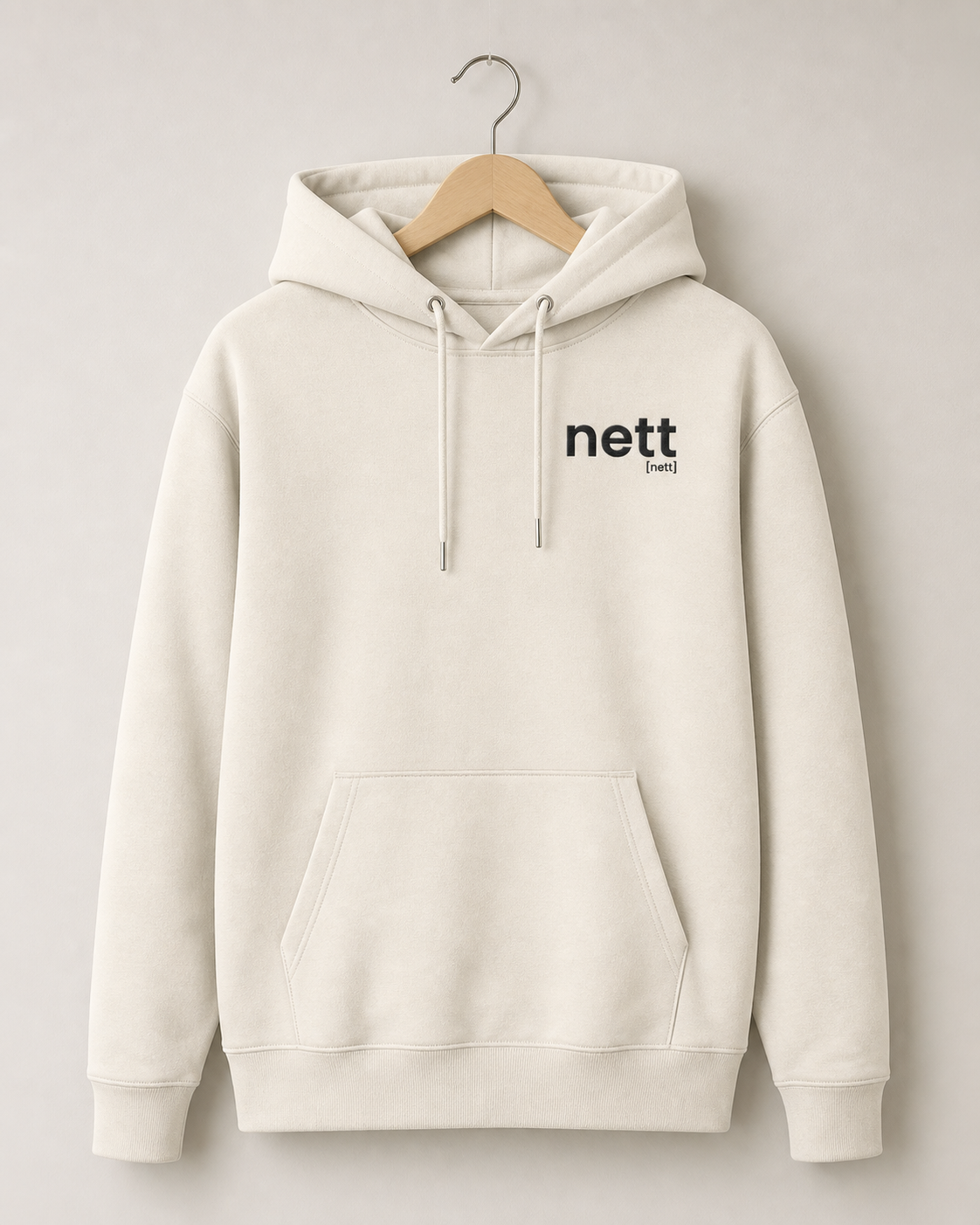Cremefarbener Bio Hoodie nett von JoisPulse mit gesticktem Statement, flach liegend