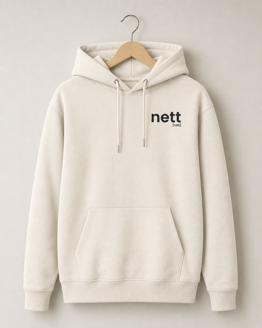 Cremefarbener Bio Hoodie nett von JoisPulse mit gesticktem Statement, flach liegend