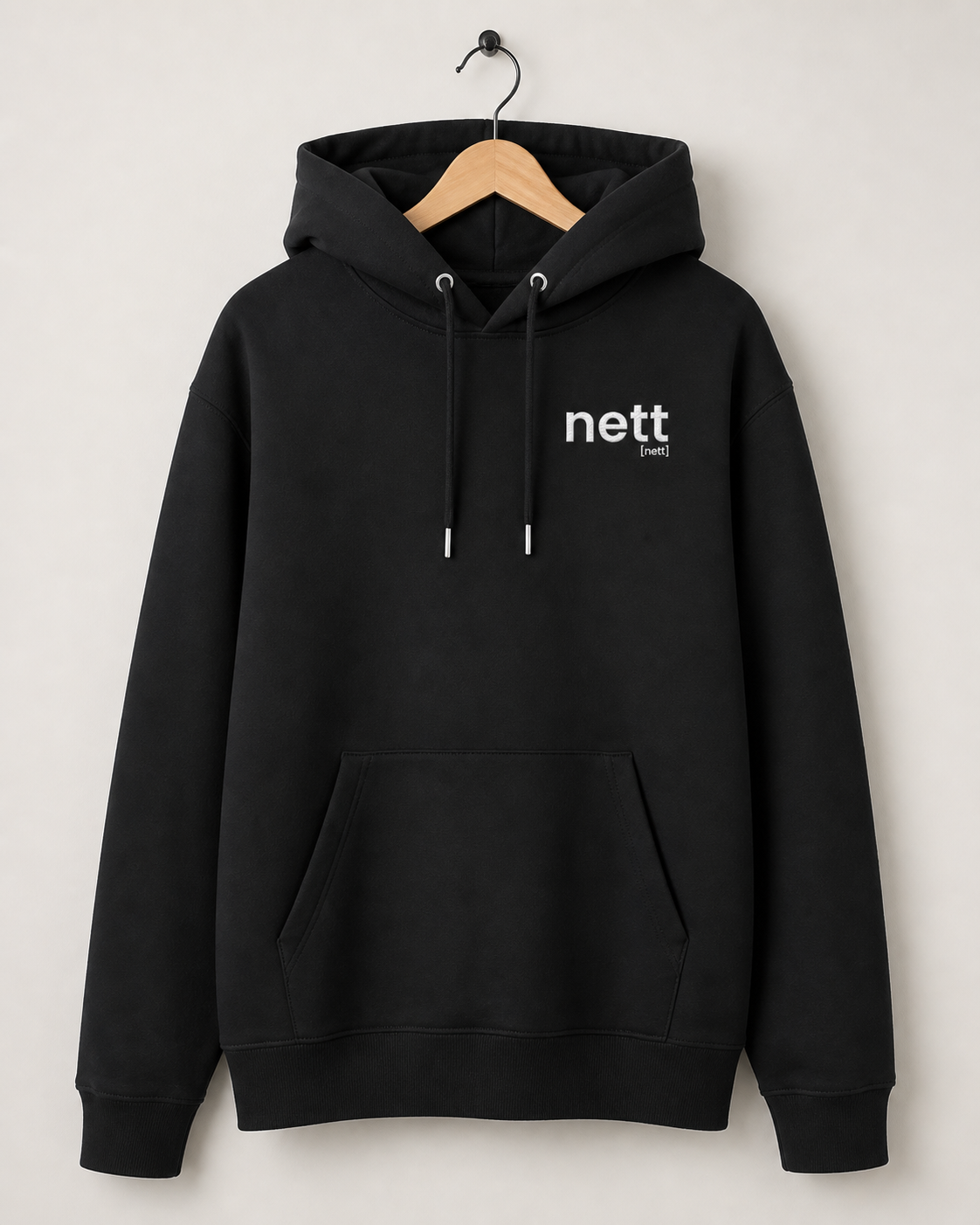 Schwarzer Bio Hoodie nett von JoisPulse mit gesticktem Statement, flach liegend