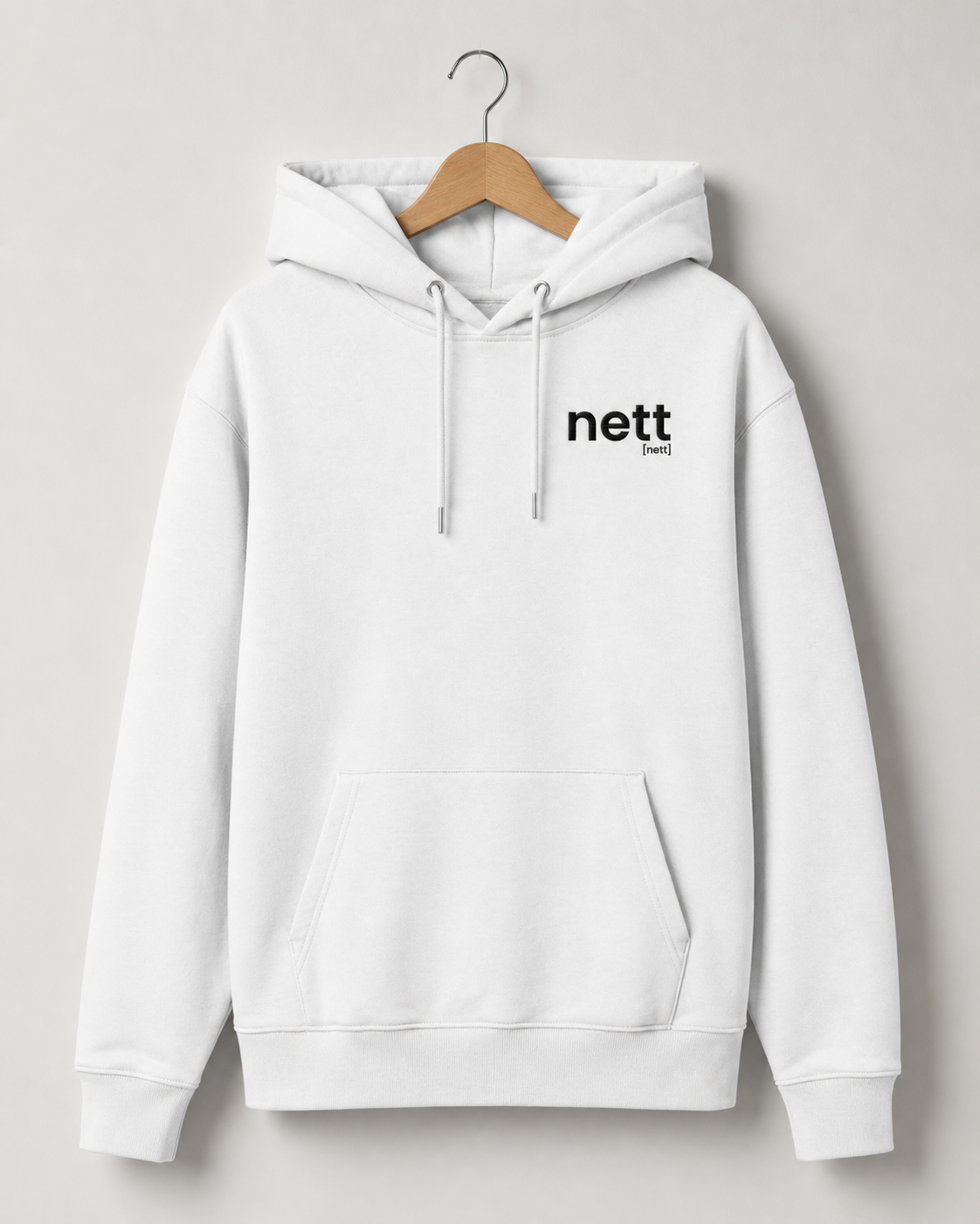Weißer Bio Hoodie nett von JoisPulse mit gesticktem Statement, flach liegend