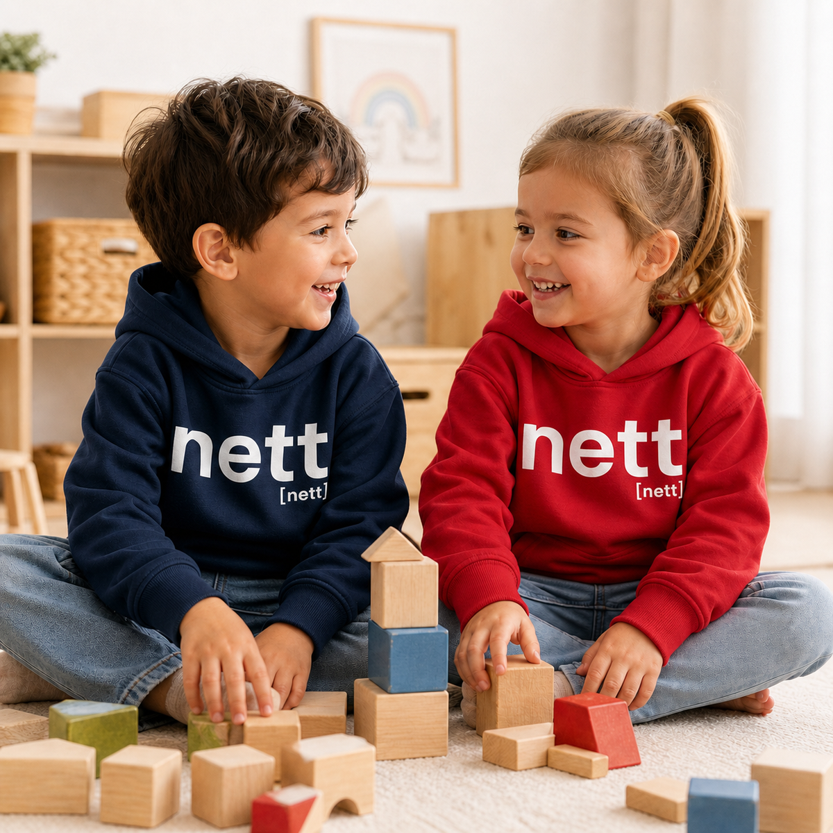 Zwei Kinder beim Spielen in JoisPulse Kinder Hoodies mit dem Statement nett