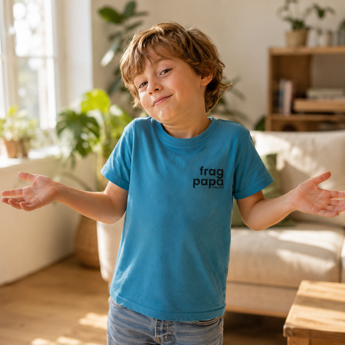 Kind im Wohnzimmer mit fragender Geste trägt das petrolblaue JoisPulse Kinder T-Shirt mit dem Statement frag papa