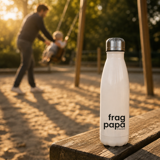 JoisPulse Thermoflasche mit dem Statement frag papa auf einer Spielplatzbank, Vater und Schaukel unscharf im Hintergrund