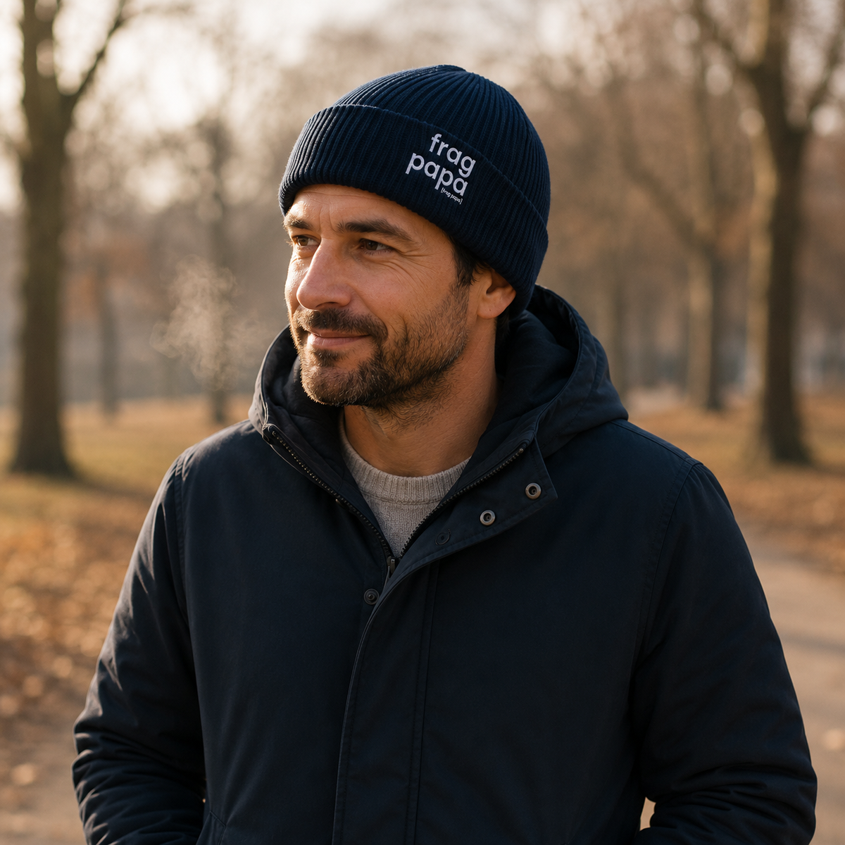 Mann an einem Herbstmorgen trägt die dunkelblaue JoisPulse Fisherman Beanie mit dem Statement frag papa