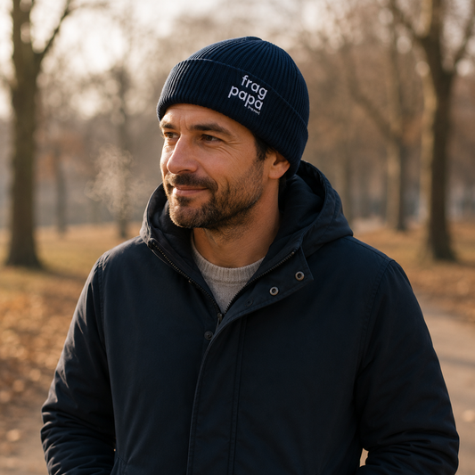 Mann an einem Herbstmorgen trägt die dunkelblaue JoisPulse Fisherman Beanie mit dem Statement frag papa